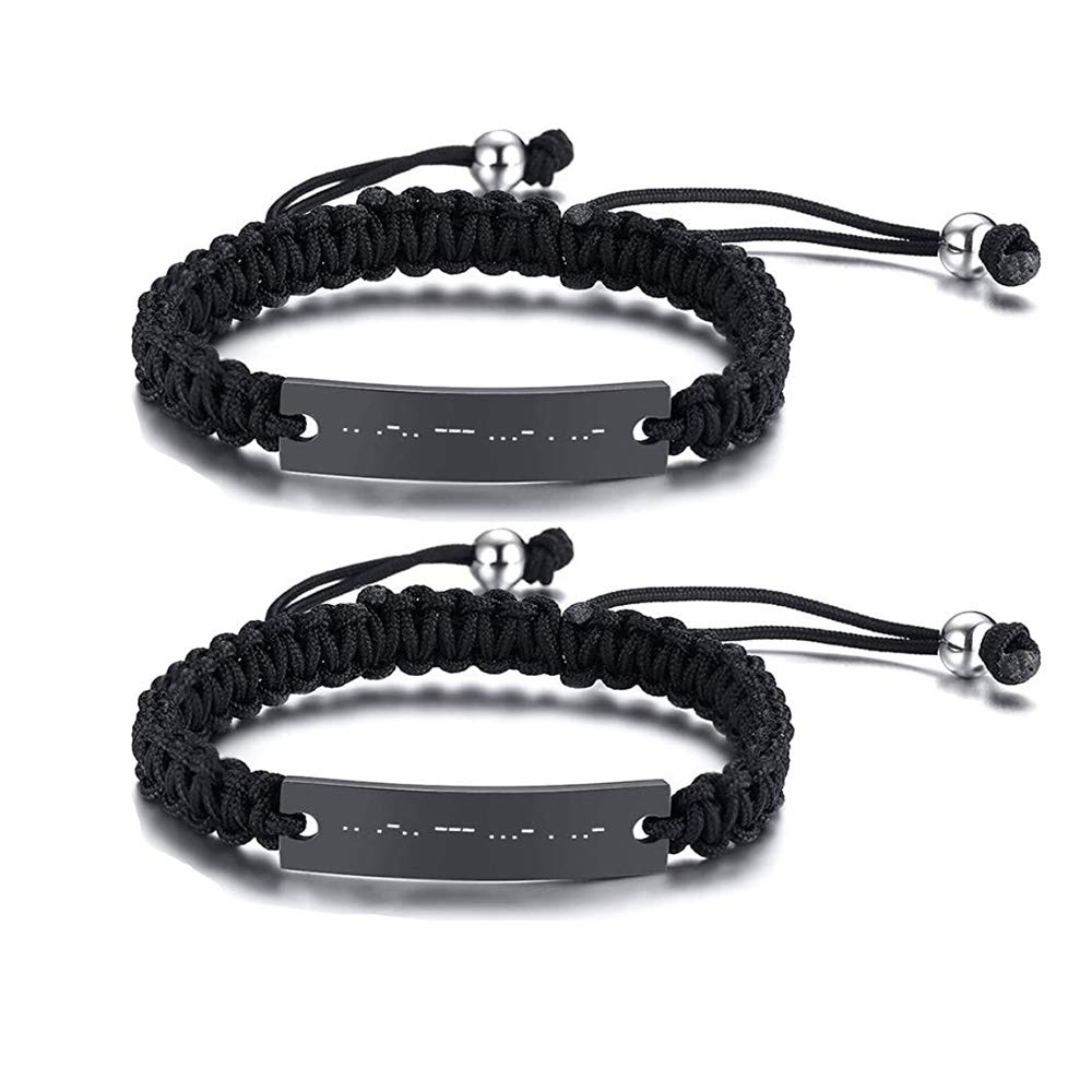 VNOX 2pcs Morse Code-I Love U Engraved Couple Bracelets Adjustable Handmade Braided Link Bracelet for Men Women Birthday Gift