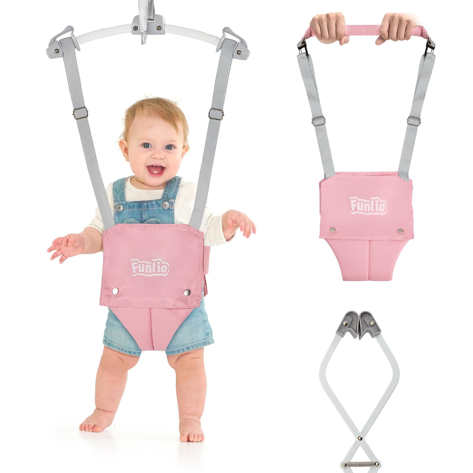Photo 1 of FUNLIO 2 in 1 Baby Door Jumper with Door Clamp, Baby Walking Harness for 6-24 Months, Infant Jumper Doorway with Strong Spring & Adjustable Strap, Easy to Assemble & Store - Pink