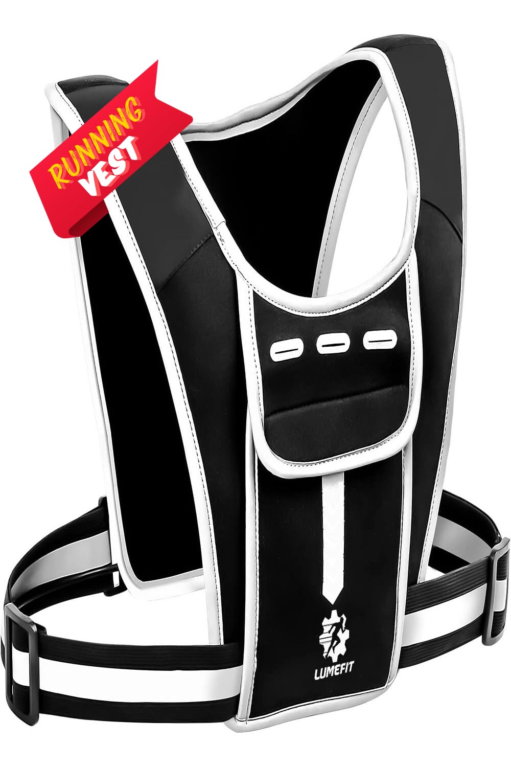 LUMEFIT Running Vest Phone Holder Practical Jogger Reflective Holder w/ Water Bottle Pocket & Fixing Rope Features Headphone Jack & Shoulder Pocket, Black, One Size fits all from Short to X-Large — image 1