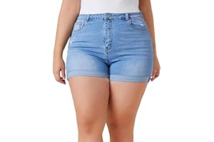 MapleHub Plus Size Denim Shorts Women High Waisted Ripped Folded Hem Jean Shorts