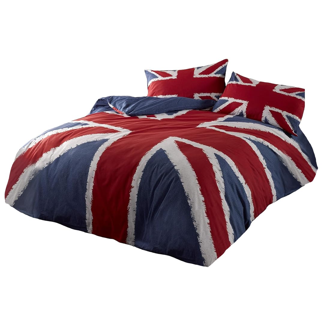 Rapport Home Union Jack Single Duvet Cover Set - UK Flag Bedding for Kids, Teens & Adults - Reversible Cotton Blend 135x200cm with Matching Pillowcase, Navy Blue, Red
