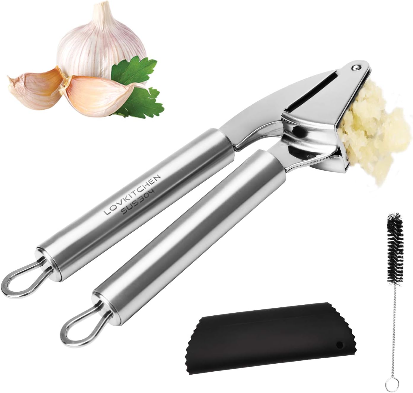 LOVKITCHEN Garlic Press, Sturdy Rustproof Stainless Steel Mincer & Crusher with Silicone Roller Peeler and Cleaning Brush