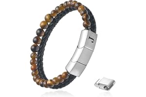 nometo Black Leather Bracelet for Men Initial Leather Beaded Bracelet With Adjustable Stainless Steel Buckle Natural Matte Agate Tiger Eye Stone Bracelet Jewelry Gifts for Men