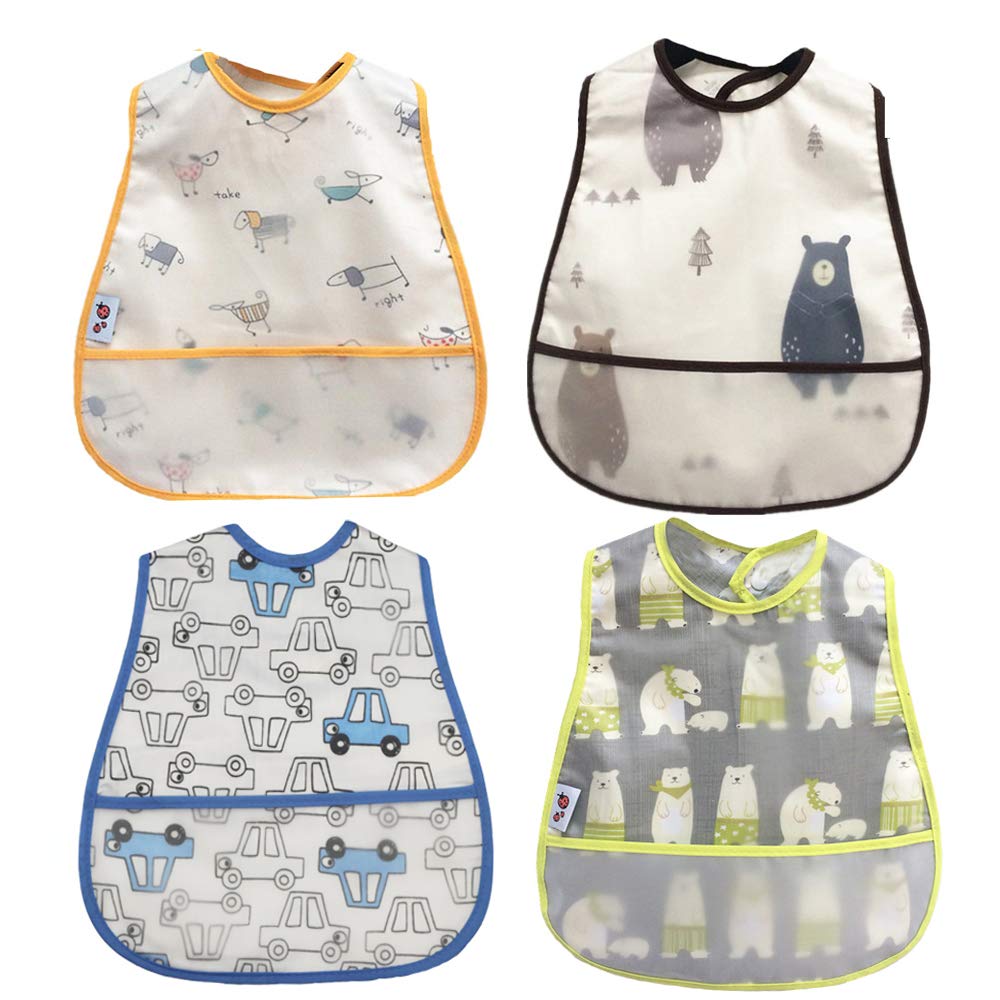 Baby Waterproof Bib with Crumb Catcher Pocket， Comfortable Soft Adjustable Snaps Feeding Bibs for Infants and Toddlers