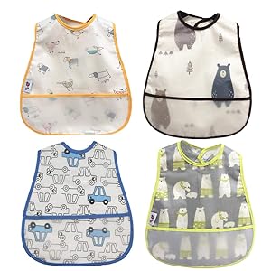 Baby Waterproof Bib with Crumb Catcher Pocket， Comfortable Soft Adjustable Snaps Feeding Bibs for Infants and Toddlers
