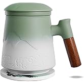 ZENS Tea Cup with Infuser and Lid for Loose Leaf Tea Steeper, 15.2 oz Ceramic Tea Mug with Fine Strainers and Absorb Coaster and Wood for Tea Lovers Gifts