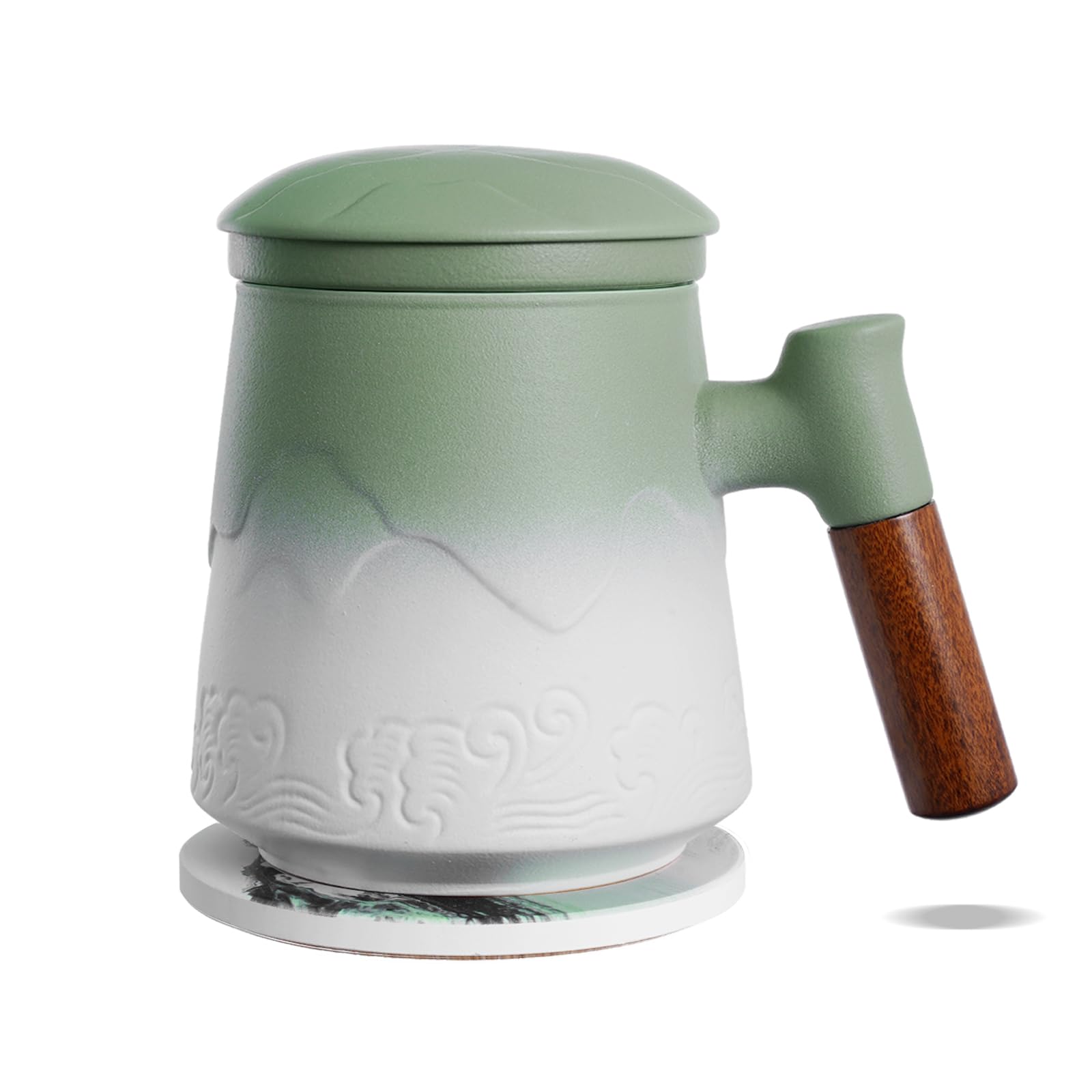 ZENS tea Infuser Mug with Lid, 450 ML Embossed Ceramic Strainers for Loose Leaf Diffusers, Wood Handle Cup with Coaster for Tea Lovers