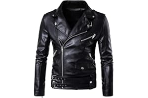 PASOK Men's PU Leather Jacket Causal Belted Faux Leather Motorcycle Jacket Zipper Biker Coat