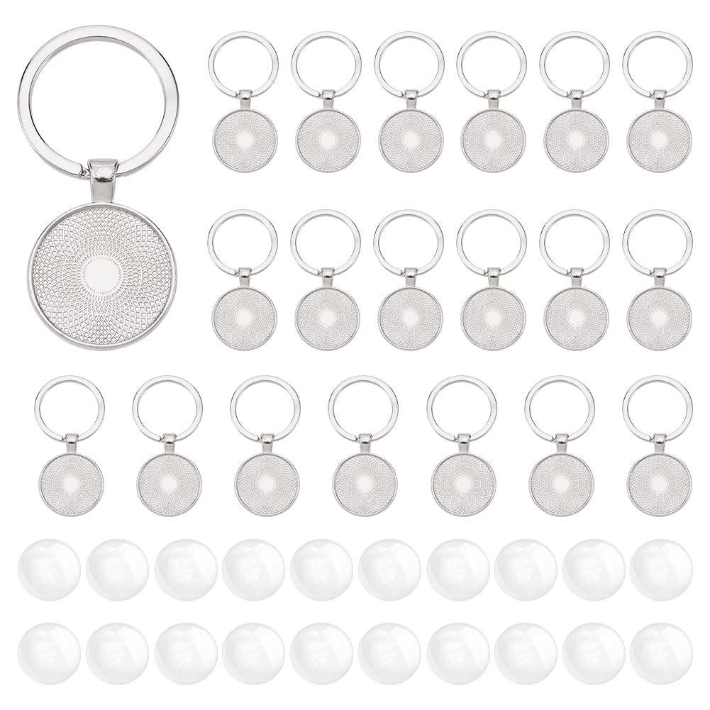 DICOSMETIC 20Pcs Keychain Cabochon Settings Blanks Bezel Trays Charm Round Trays for Keychain Blanks Trays for Photo Resin Alloy Keyring with 20Pcs Glass Cabochon for DIY Jewelry Making