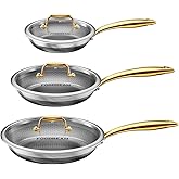 FogDream 3 Pcs Non Stick Frying Pans with 3 Lids, 8, 10 & 12 Inch Stainless Steel Skillets, Tri-Ply Stainless Steel for All Cooktops, Dishwasher & Oven-Safe Cooking Pan, Stay-Cool Handle, Gold