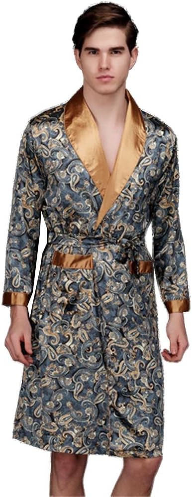 Pakamo Men's Silk pajamas Long sleeve large size Nightgown male Sleepwear Robes Homewear summer Bathrobe, XL
