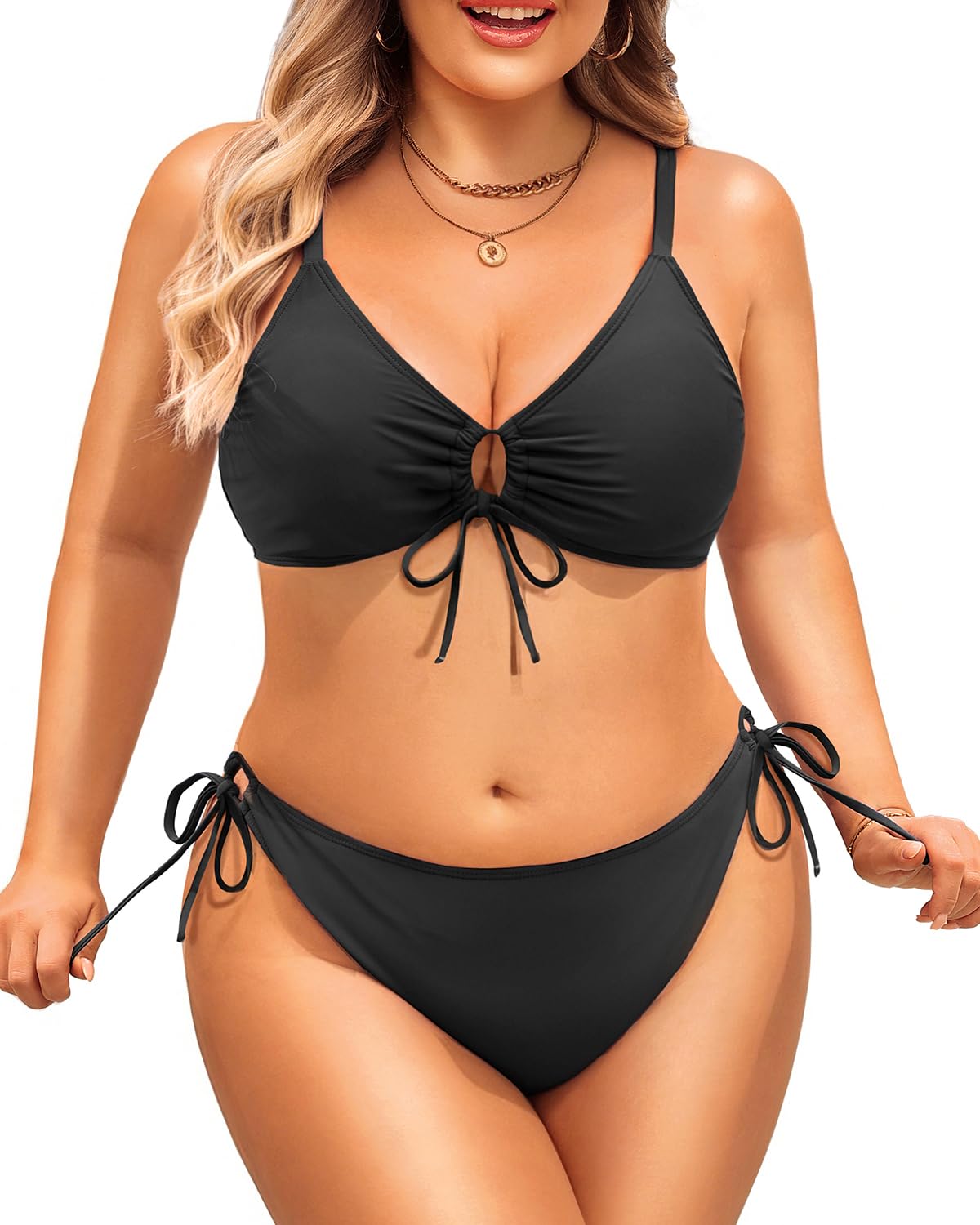 Photo 1 of Women's Plus Size Triangle Bikini Set, Sexy Tie Front Two-Piece Swimsuit Black 22 Plus