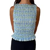 Women Shirred Tank Top Summer Smocked Tops Sleeveless Ruffle Hem Graphic Pleated Shirt Y2k Going Out Vacation Tops