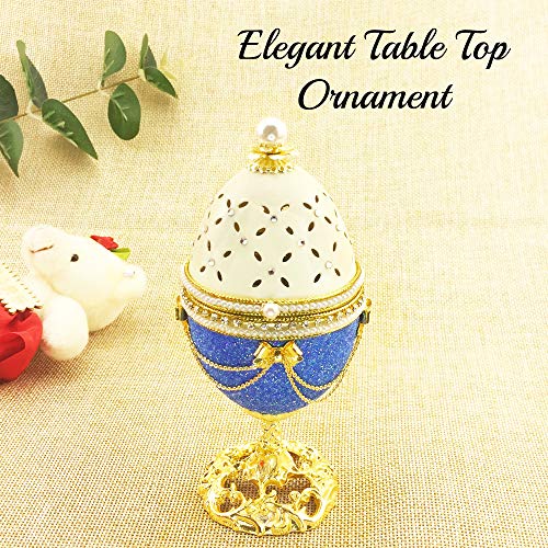 Matashi Blue-Ivory Eggshell Trinket Music Box "Fur Elise" with Crystals and Pearls Faberge Egg Table Top Ornament Decorative Gold Finish Home Decor for Living Room Bedrooms Gift for Christmas Birthday - Thumbnail 5