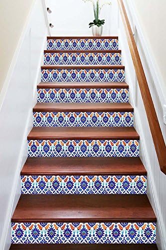Estrellaw Blue Flower Pattern Stair Risers Decoration Photo Mural Vinyl Decal Wallpaper Murals (15x H:18cm x W:94cm (7"x37"))