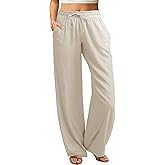 keriffe Women's Summer Casual Pants Loose Fit Beach Pants High Waist Drawstring Wide Straight Leg Palazzo Trousers Pockets