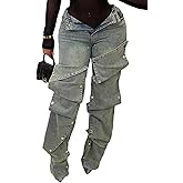 NRTHYE Women Cargo Jeans High Waisted Straight Wide Leg Jeans Pants Button Detachable Denim Cargo Trousers