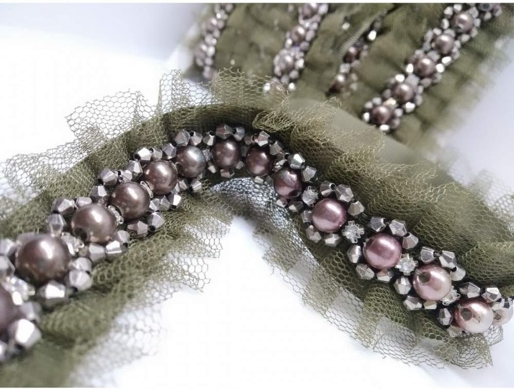 50 cm Leather Trimmings Jewel Pearl Rhinestone Detailing Pleated Tulle Base Gross Grain High 4 cm - Verde Militare