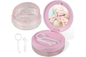 Denture Case, Leak Proof Denture Bath Case Cup Kit for Travel Cleaning, Heigoeost Denture Holder Box Bath Soaking Container for Women & Men with Mirror, Strainer, Removal Tool and Denture Brush(Pink)