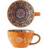 JINNTHE Bohemian Hand-Painted Ceramic Mug, 15 Oz Large Coffee Cup for Milk, Tea, and Breakfast, Dishwasher & Microwave Safe Artisan Cup, Orange