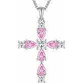 YL Cross Necklace for Women 925 Sterling Silver Halo Gemstone Pendant Birthstone Religious Jewelry for Mom