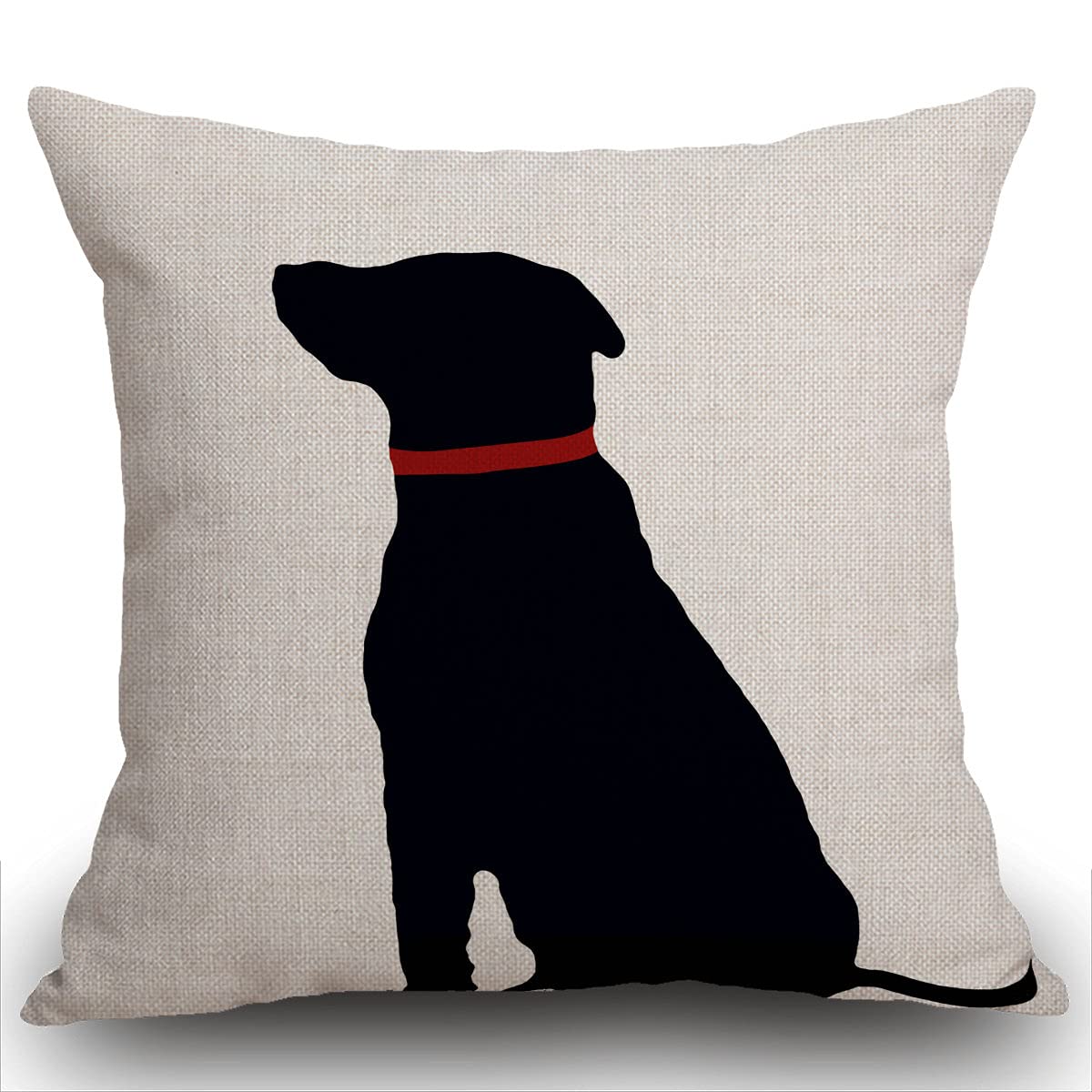 Smooffly Cotton Linen Home Decorative Cushion Cover Throw Pillow Case for Sofa Couch Black Dog with Red Collar Lab Décor Dog Lover Decoration, 18"x18" 45 x 45 cm