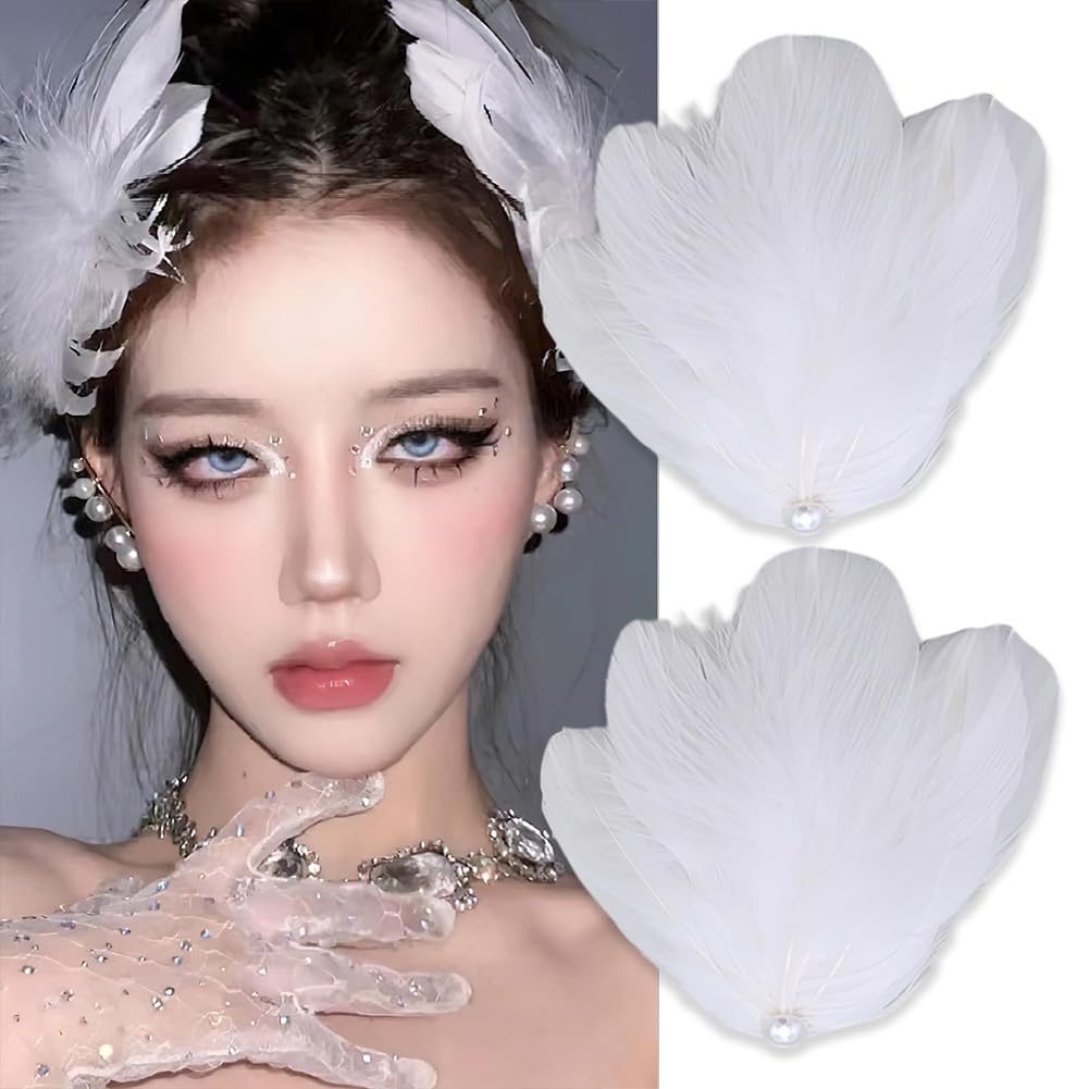 Photo 1 of 2 Pack Feather Hair Clips for Women, Ballet Style Pearl Swan Fly-Wing Hair Barrettes Accessory Hairpins Headpiece Hair Piece for Cosplay Show Dancing Party Halloween Costume Stage Performance