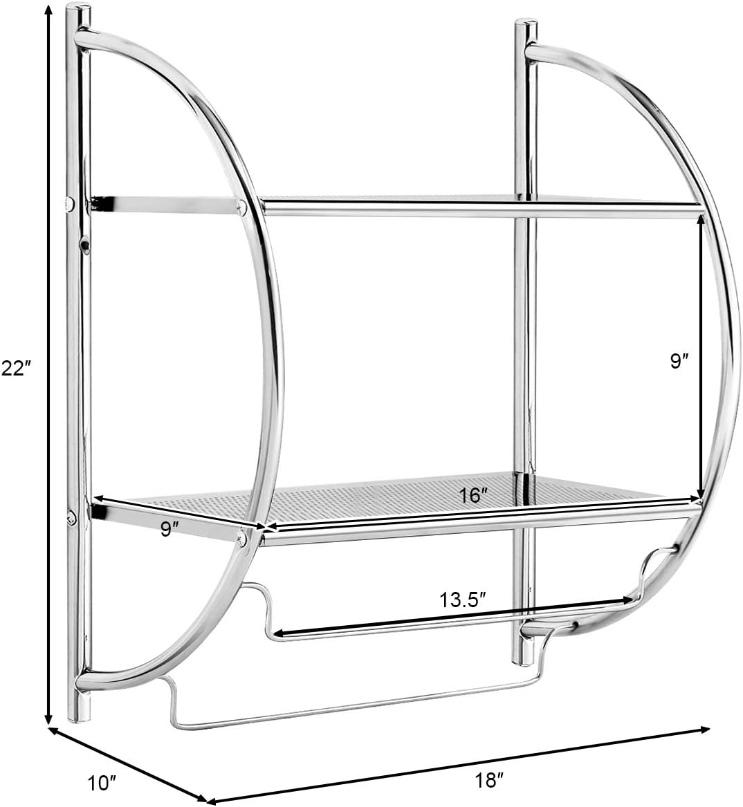 TANGKULA Wall Mount 2 Tier Bathroom Shelf with Towel Bars, 18"W X 10"D X 22"H, Chrome Bathroom Shelf, Home Toilet Double Layer Storage Shelf, Rustproof Chrome Shelf, Towel Shelf - - 