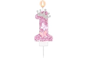 Pink Number Birthday Candle, 1st First One Glittery Crown Butterfly Sparkling Sequin Cake Topper Decorations for Birthday Par
