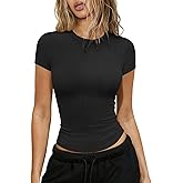 Hragc Womens Crew Neck Ribbed Skim Short Sleeve Fitted T Shirts Casual Basic Tight Tees Stretchy Tops for Women