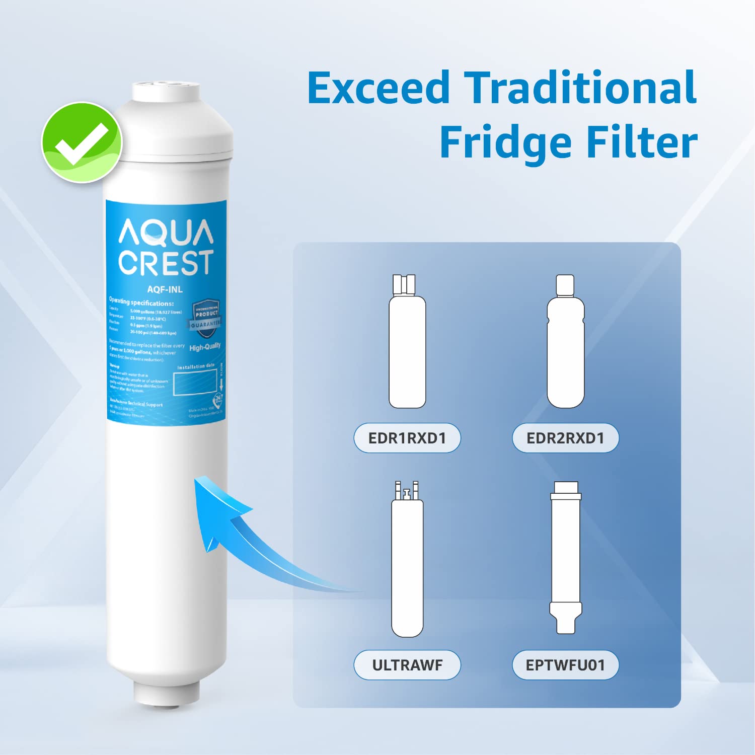 AQUA CREST 5 Years Capacity -Inline Water Filter for Refrigerator with 1/4-Inch Direct Connect Fittings, Idea for Ice Maker, RV, Refrigerator, RO System, In Line Water Line Filter, Reduces PFAS/PFOA