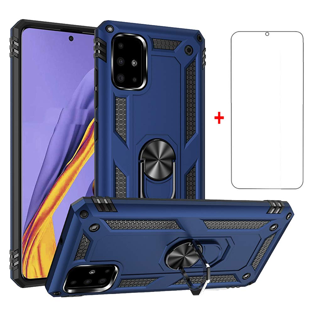 Phone Case for Samsung Galaxy A51/M40S and Tempered Glass Screen Protector Cover With Stand Ring Holder Kickstand Accessories Heavy Duty Rugged Protective Shockproof Hard Bumper SM-A515F 51A A 51 Blue