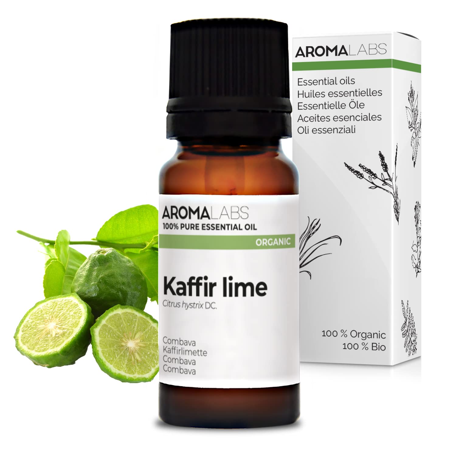BIO - Kaffir Lime Essential Oil - 10mL - 100% Pure, Natural, Chemotyped and AB/Cosmos Certified - AROMA LABS (French Brand)