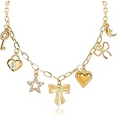 NEKOL Gold Bow Charm Necklace for Women 14K Gold Plated Bowknot Necklace with Cute Dangle Bow Tie Ribbon Cubic Zirconia Love Heart Lock Key Moon Star Pendant Adjustable Trendy Y2K Party Jewelry Gift
