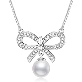 PYTALI Silver Pearl Pendant Necklace Ribbon Diamond Freshwater Pearl Necklace for Women Classic Ladies Jewelry Valentine's Day Christmas Birthday Gift
