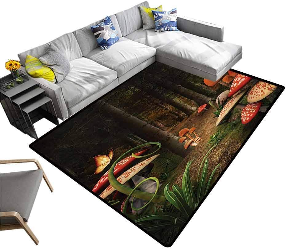 Mushroom Indoor Floor Mat Mushrooms in Deep Dark Forest Fantasy Nature Theme Earth Path Mystical Image Extra Comfy and Soft Carpet Red Green Brown (4'x6')