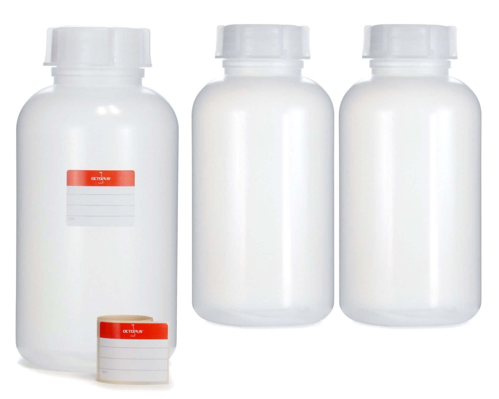 3x Wide-Neck Bottles Made of LDPE with Screw Closure, Chemical Bottle, Laboratory Bottle with Lid as Storage Container for Laboratory, Kitchen or Hobby, transparent, 3x 2000 ml