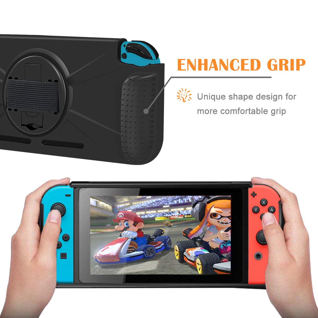 ElephantStory Hülle für Nintendo Switch, TPU Schutzhülle Case für Nintendo Switch Zubehör mit Schutzfolie mit Stoßdämpfung Anti-Scratch Weicher Schwerlast Cover mit Ständer (Schwarz