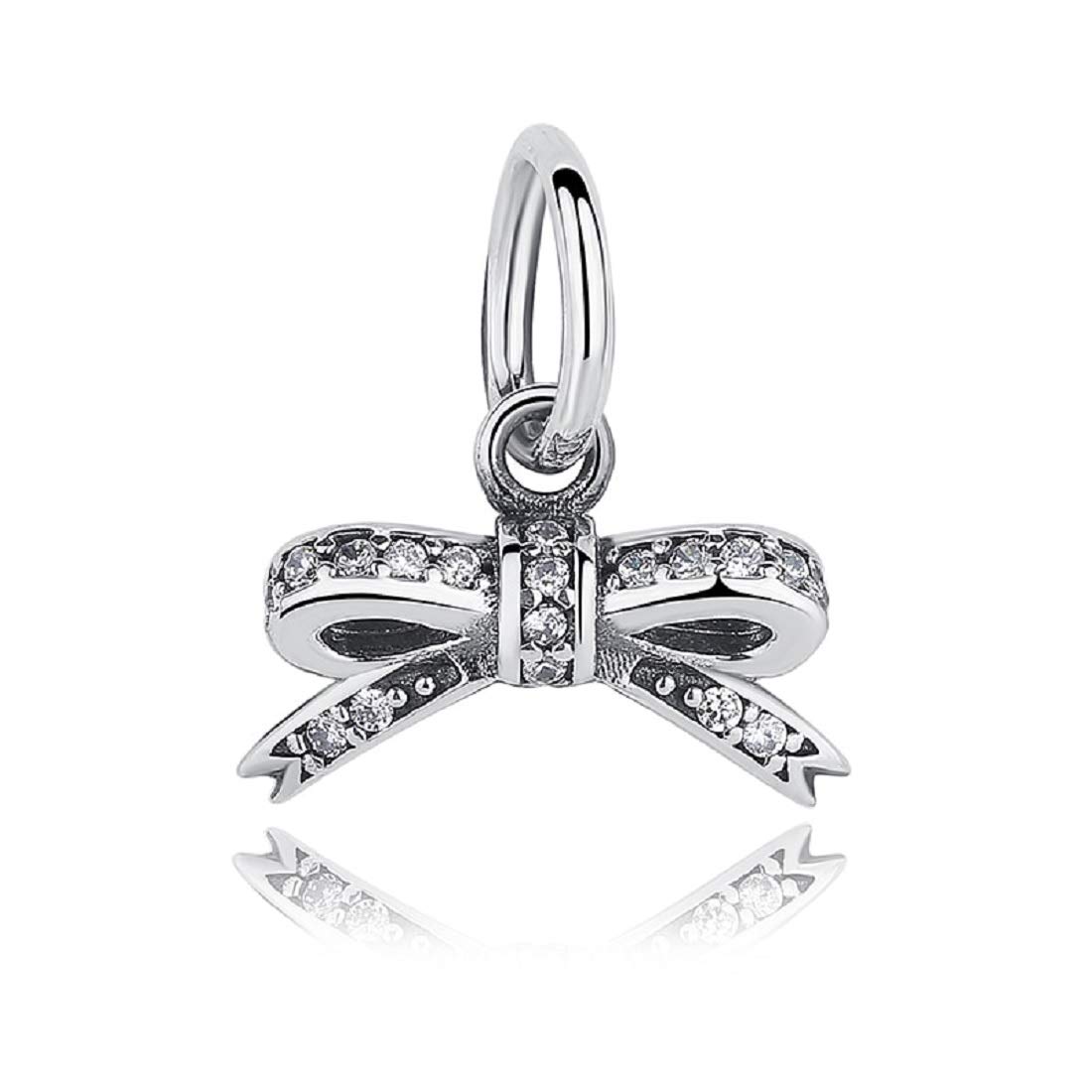 FeatherWish 925 Sterling Silver Love Bow Knot Bead Charm With Clear Cubic Zirconia Compatible With Pandora Bracelet (Dangle)