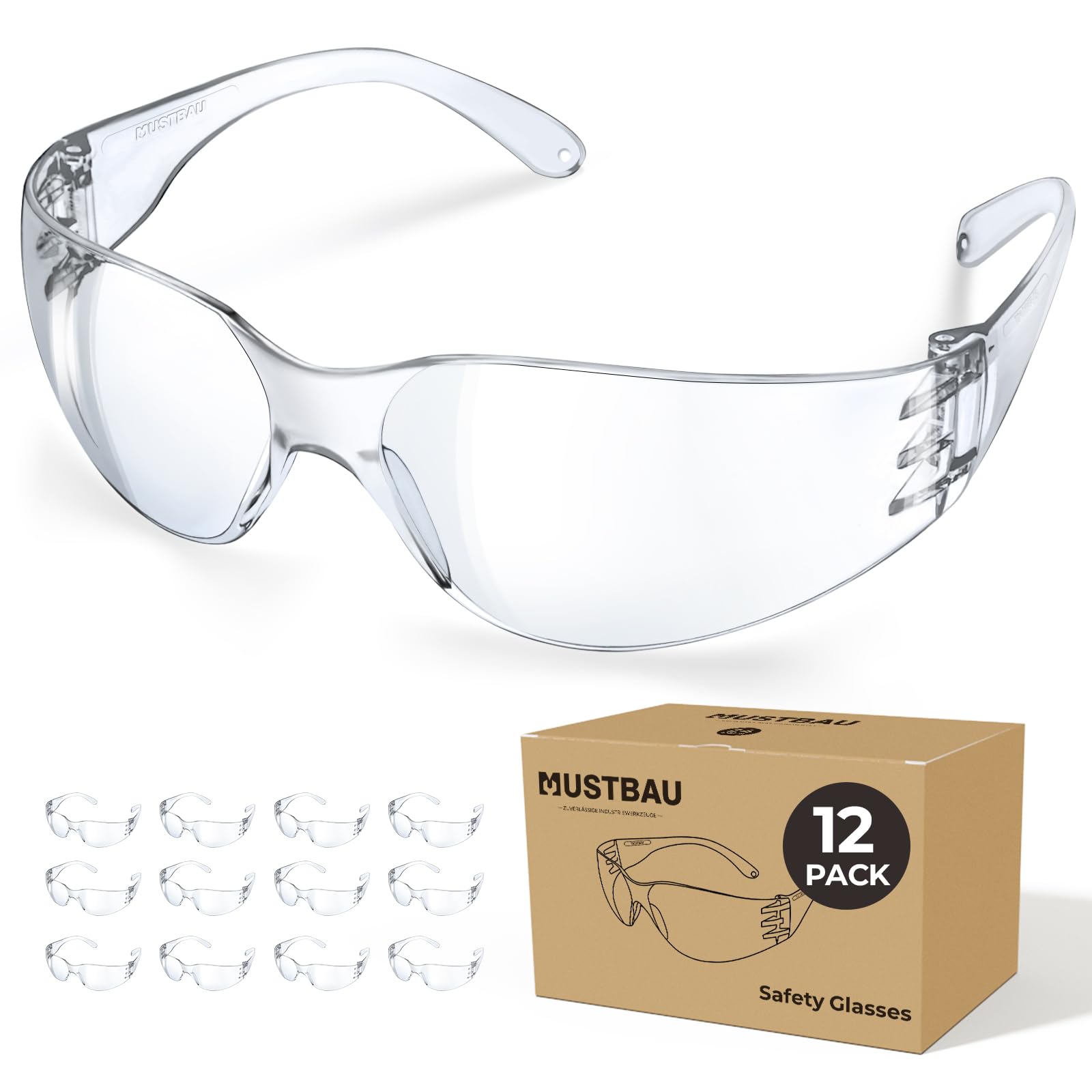 Mustbau Clear Safety Glasses Eye Protection Glasses Safety Goggles Anti Scratch, Anti Splash,UV Protection for Industrial Construction EN166 12pcs