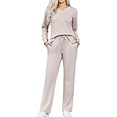 difficort Women's 2 Piece Lounge Sets Casual Travel Airport Outfits Side Slit V-Neck Tops & Wide Leg Pants Matching Set