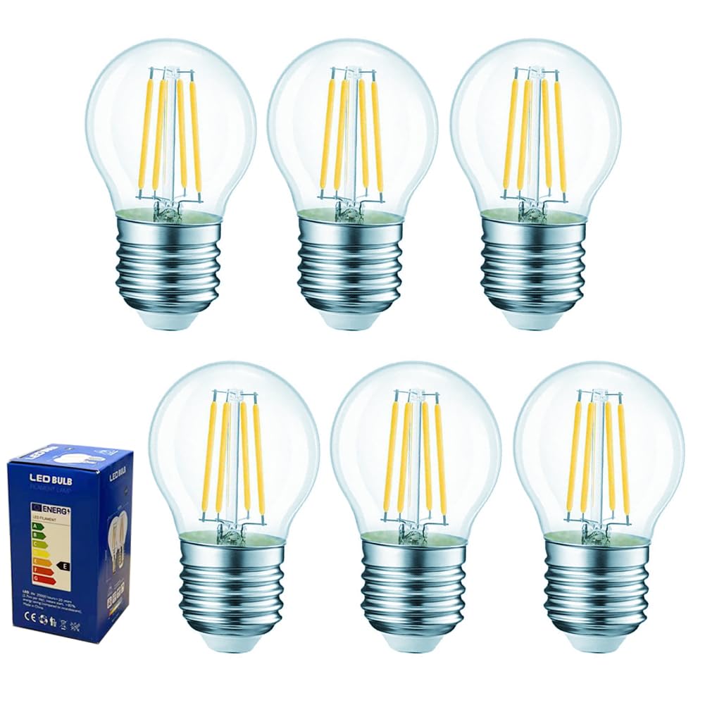 Golopatop E27 LED Filament Screw Bulbs, 4W Energy Saving 6500k Cool White Vintage G45 Golf Ball LED Light Bulbs Clear Glass E27 Large Edison Screw Bulbs, 40W Equivalent, Non Dimmable, 6Pack — image 1