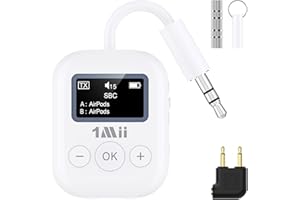 1Mii Airplane Bluetooth 5.3 Transmitter for All Headphones - Bluetooth Adapter for TV - Dual Connection - aptX Low Latency - Flying Travel, Wireless Audio Aux for MP3,Game,PC-White