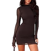 OZICERD Women Long Sleeve Bodycon Mini Dress Mock Neck Sheer Mesh Slit Going Out Dress Fall Rave Club Cocktail Party Dresses