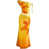 SOLY HUX Women's 2 Piece Outfit Floral Mesh Ruched One Shoulder Crop Tank Top and Bodycon Maxi Skirt Set