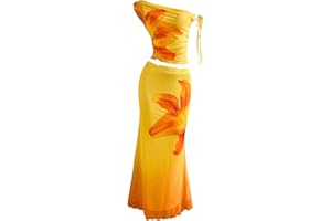 SOLY HUX Women's 2 Piece Outfit Floral Mesh Ruched One Shoulder Crop Tank Top and Bodycon Maxi Skirt Set