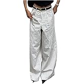 MakeMeChic Women's Striped Wide Leg Pants Elastic Waist Baggy Business Dress Trousers