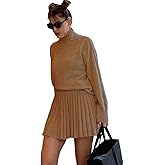 Mandonce Skirt Sets Turtleneck Oversized Sweater Sweatshirt and Pleated Mini Skirt Athleisure Set Women 2 Piece Outfits