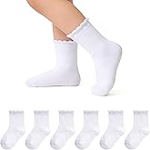 Witwot 6 Pairs Girls White Socks Soft Cotton Ruffle Sock School Uniform Dress Socks Size 5-12 Years