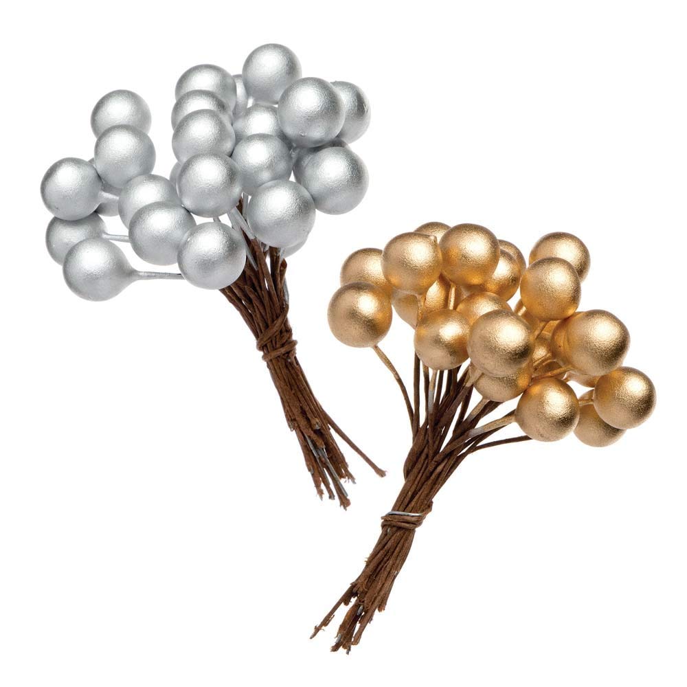 Baker Ross AR833 Gold & Silver Artificial Berries - Pack of 100, Perfect for Kids Christmas Crafts and ornaments, Ideal for School, Home Crafting, Craft Groups and Collages